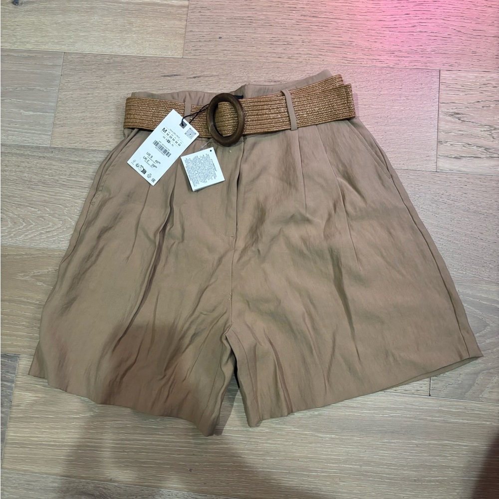 Zara NWT Women's Tan LINEN Shorts with Belt